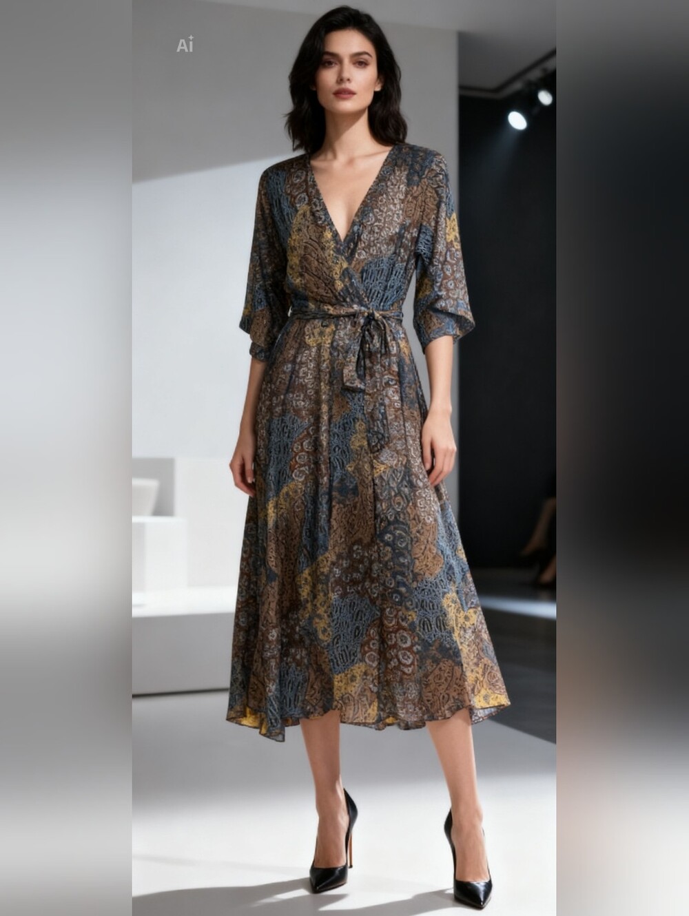 EUC Kate and Lily size 4 Floral Chiffon Maxi Tie Dress 3/4 sleeve A-line